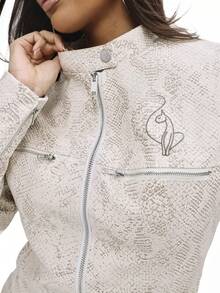 BABYPHAT Áo khoác Moto in họa tiết da rắn ôm sát có khóa kéo, cổ đứng, tay dài, dài đến hông, áo khoác ngoài thu đông - Màu be - Xem 6