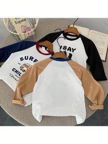 3件套幼儿男童卡通字母图案长袖T恤，休闲日常可爱运动上衣，秋冬季