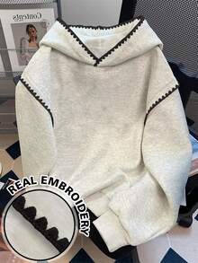 INAWLY Women's Sweatshirts/Casual Simple Fashion Sweatshirts/Fashionable Tops/Fun Sweatshirts/Loose Round Neck Long-Sleeved Sweatshirts Suitable For Autumn And Winter/Women's Spring Pullovers, Women's Lace Contrast Hooded Sweatshirts, Long-Sleeved Tops, Back-To-School Autumn And Winter Hoodies - Grey - View 4