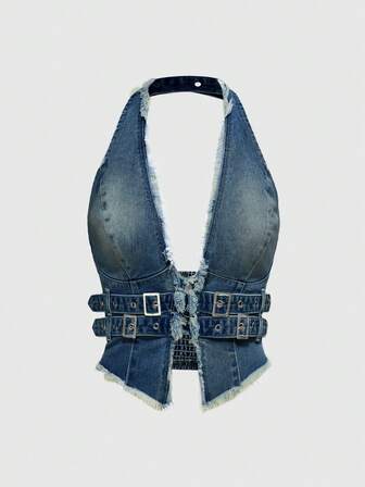 Hippie Women's Y2K Patchwork Frayed Deep V Snap Button Design Sexy Halter Denim Top