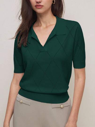 BizChic 2026 Primavera/Verano Nueva Blusa de Punto con Cuello de Polo Asimétrica de Rombo de Manga Corta para Mujer, Moderna Elegante Urbana Versátil para Uso Diario, Estilo Retro de los 90, Adecuada para Invitada de Boda, Fiesta, Concierto, Brunch, Aeropuerto, Vacaciones