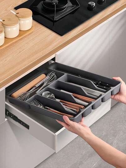 1pc Large Size Plastic Cutlery Organizer Box, PP Material, For Kitchen Countertop, Cabinet Drawer Storage, Divider Utensil Holder