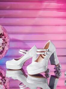 CUCCOO LuxiPop 女士厚底派对礼服高跟鞋，方头粗跟双带设计，白色正式高跟鞋，Y2K风格派对及约会之夜鞋履，时尚正式厚底白色高跟鞋 - 女士 - 完美适用于派对和婚礼 - 时尚达人的理想礼物，感恩节特惠，适合情人节、圣诞节派对 - 白色 - 查看 3