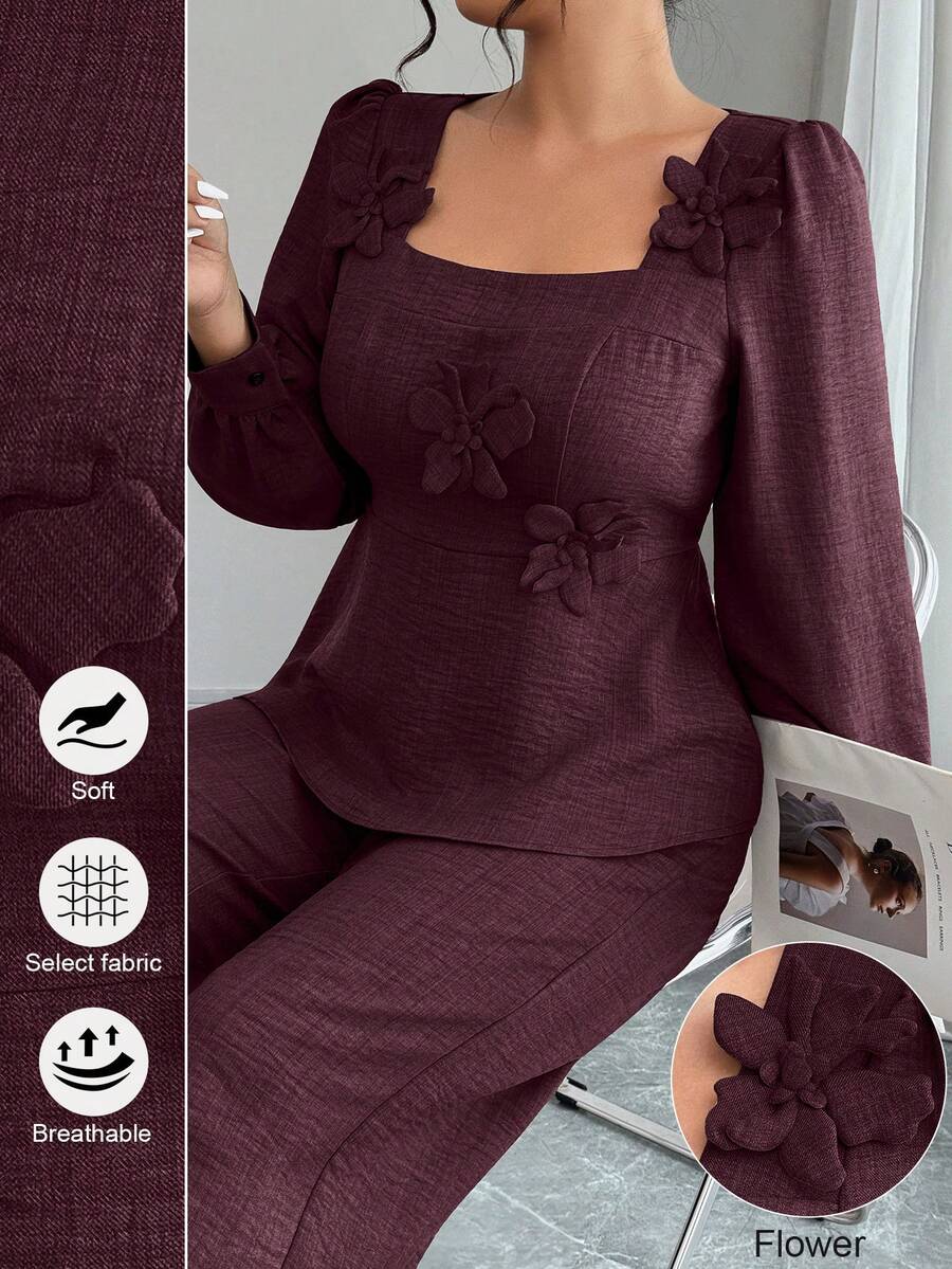 Elenzga 两件套 女士加大码纯色休闲长袖上衣和裤子 - 酒紅色 - 查看 1