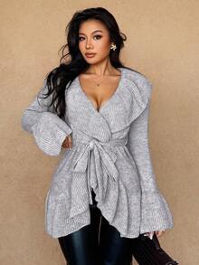 Islaluna Women's Basic Minimalist Elegant French Fashion Romantic Tie Front Cardigan - Light Grey - View 4