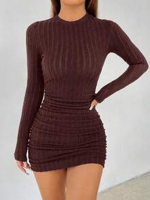 SHEIN PETITE 女款性感純色抓褶緊身迷你洋裝，休閒女裝，適合嬌小女性 - 咖啡 - 查看 5