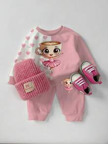 2pcs/Set Infant Toddler 0-3Y Unisex Baby Boy Girl Cute Cartoon Print Long Sleeve Crew Neck Sweatshirt And Elastic Waist Pants Set, Baby Girl Sports Sweatsuit, Toddler Print Crew Neck Outfit, Baby Girl Autumn/Winter Clothing - Pink - View 1