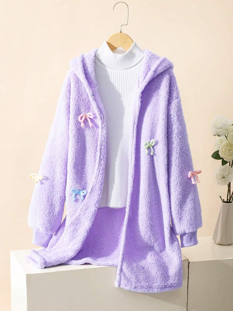 SHEIN 女童彩色3D蝴蝶结蓬松中长外套,休闲冬季夹克,适合旅行和度假 - 紫色 - 查看 1