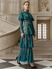 Anewsta Savoree Váy Giáng sinh màu xanh lá cây dành cho nữ, váy ren nhiều lớp viền bèo nhún lãng mạn - màu xanh lá - Xem 4