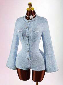 Amplova Women's Elegant Bell Sleeve Knit Blended Jumpsuit, Suitable For Commuting, Party, And Dates, Autumn/Winter Tweed Baby Blue Outfit Women