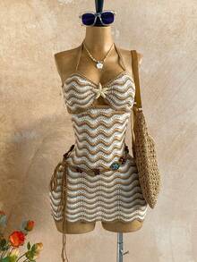 Soleia 性感吊带镂空金属海星紧身连衣裙，露背系带度假连衣裙，适合假日、约会、下午茶、音乐节、波西米亚风、海滩度假、夏季等场合。 - 彩色 - 查看 3