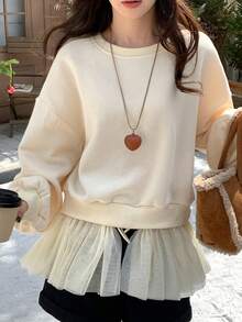 DAZY Women's Solid Color Round Neck Long Sleeve Mesh Sweatshirt, Autumn/Winter - Beige - View 4