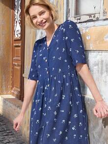 EMERY ROSE Váy mùa hè dài vừa phải, cổ chữ V, họa tiết hoa nhỏ thanh lịch dành cho nữ, tay ngắn - Nhiều màu - Xem 4