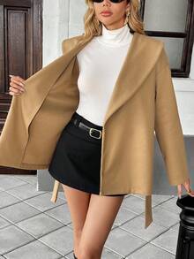 SHEIN PariChic Women's Autumn/Winter New Vintage French Style Camel Lapel Cinched Waist Waist Elegant Wool Blend Coat - Khaki - View 6