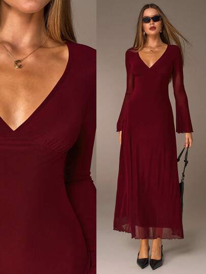 Avantive Fall&Winter Halloween Christmas New Year Going Out Graduation Prom Elegant Formal Luxury Chic Business Casual Birthday/Office Outfits/Country Concert/Club Outfits Sexy/Western/Work Clothes/Streetwear/Vintage/Festival/Cocktail/Rave/Prom/Hawaii/Airport/Funny/Basic/Brunch Outfits/2000s Style/Bodycon/Old Money Style/Church/Homecoming/Classy/Party/Modest/Date Night/Autumn/Winter/Y2k Casual Burgundy Color V-Neck Elegant Long Sleeve Dress