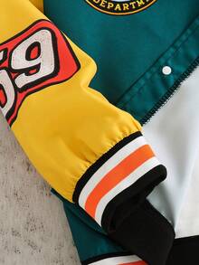 Coolqubz 1pc Teen Boy Casual Street Colorblock Baseball Jacket For Teenage Boys, Main Colors Are Orange, Navy, Green And Yellow, Decorated With Sports Elements Like Team Logo, Number "59" And "32", Stylish And Cool, Unisex Can Be Paired With White Tee And Dark Jeans - Multicolor - View 4