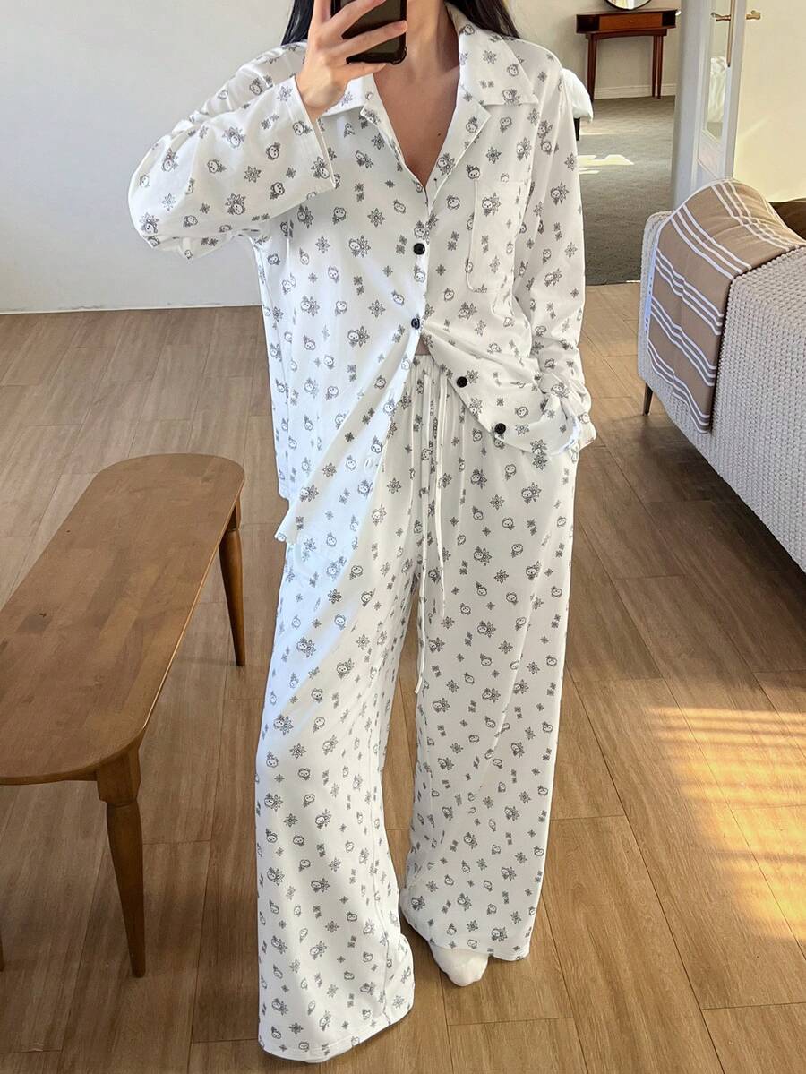 DAZY Bộ đồ ngủ dệt kim họa tiết hoa hoạt hình dễ thương dành cho nữ - trắng - Xem 1