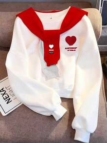 Resyla Damen Herz Stickerei Lässiger Minimalistischer Rundhals Langarm Pullover Sweatshirt - Verschiedenfarbig - Übersicht 5