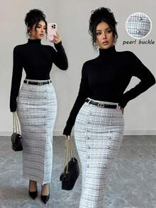 SHEIN Elenzya Chân váy Maxi len pha ren xẻ tà ngọc trai cạp cao thanh lịch, thích hợp mặc thường ngày, dự tiệc, thu đông - Đen và trắng - Xem 1