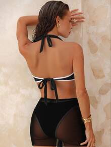 Swim Chiccia Bikini a 3 pezzi da donna per appuntamento in spiaggia, sexy e maturo, con decorazione asimmetrica in metallo bianco e nero, top a canotta, gonna, outfit da spiaggia - Bianco e nero - Visualizzare 2