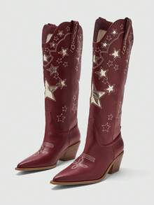 Solezae New Women's Star Cut-Out Vegan Leather Pointed Toe Chunky Heel Slip-On Western Style Chic Cowboy Boots - Burgundy - View 3