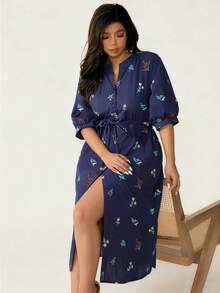 Nubod Đầm sơ mi tay bồng thêu hoa thời trang mùa hè dành cho nữ cỡ lớn có túi và thắt lưng - Màu xanh lam - Xem 4