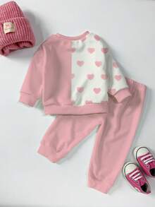 2pcs/Set Infant Toddler 0-3Y Unisex Baby Boy Girl Cute Cartoon Print Long Sleeve Crew Neck Sweatshirt And Elastic Waist Pants Set, Baby Girl Sports Sweatsuit, Toddler Print Crew Neck Outfit, Baby Girl Autumn/Winter Clothing - Pink - View 2