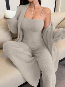 DAZY 3pcs/Set Faux Fur Fluffy Robe, Camisole & Pants Women Fluffy Pajama Set, Winter - Beige - View 8