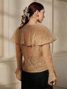 Anewsta Savoree Autumn Women's Peter Pan Collar Top, Halloween Flowy Lace Blouse, Y2K Style - Khaki - View 2