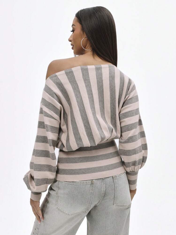 BABYPHAT Asymmetrical Shoulder Striped Logo Knit Sweater Long Sleeve Relaxed Fit Pullover Winter Fall Casual Jumper