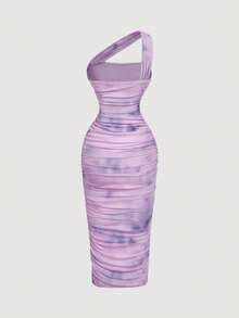 SHEIN MOD 女士紫色复古碎花不对称荷叶边无袖连衣裙 - 彩色 - 查看 2