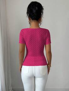 Elenzga 女士优雅不对称领口3D玫瑰金纽扣装饰短袖T恤 - 玫紅色 - 查看 2