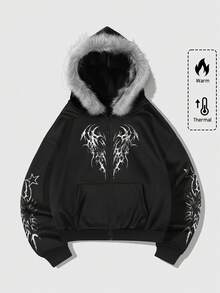 ROMWE MEN Men's Gothic Loose Fit Thermal Lined Hoodie, Autumn/Winter - Black - View 1