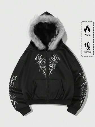 Goth Sudadera con capucha casual y holgada con forro térmico para hombre, otoño/invierno