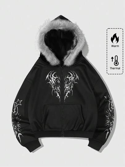 Men's Gothic Loose Fit Thermal Lined Hoodie, Autumn/Winter