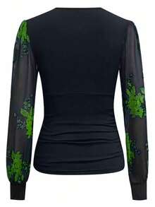 EMERY ROSE Camiseta de mujer con cuello en V profundo transparente y bordado, camisetas gráficas para mujer - Verde - Ver 2