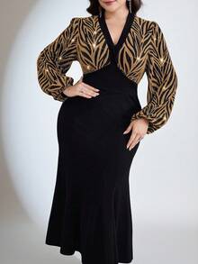 Modelyn Plus Size Women V-Neck Fitted Long Sleeve Dress Curve Elegant Dress - Gold - View 2