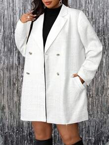 SHEIN Clasi Plus Size Button Decor Lapel Long Sleeve Woolen Coat In Fall/Winter - White - View 5