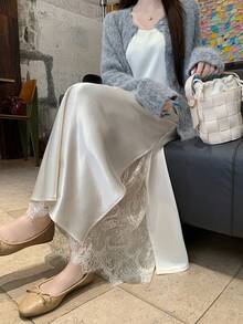 DAZY Women's Satin & Lace Patchwork Casual Loose Skirt