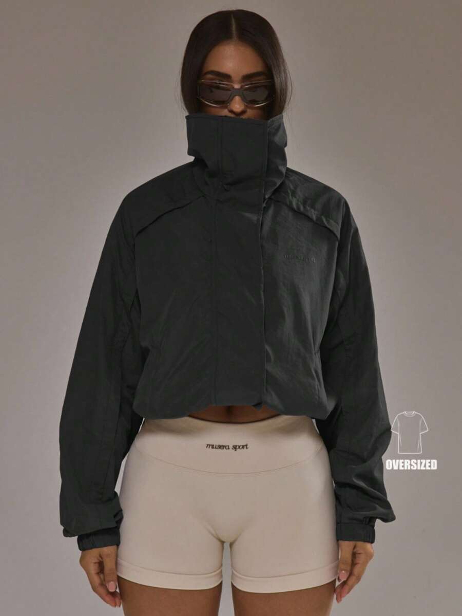 Musera Sport Funnel Neck Seam Detail Zip Through Jacket Padel Autumn Fall Winter Activewear Sport Gym Workout Alloy - Grey - View 1