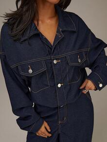 Athîral 女士落肩长袖纽扣半门襟口袋阔腿休闲牛仔连体裤 - 藍色 - 查看 5