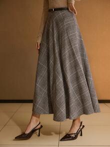 MOTF PREMIUM WOMEN'S HOUNDSTOOTH PLAID PRINT BELTED FLARE SKIRT, AUTUMN/WINTER - Grey - View 5