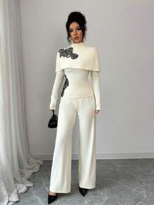 Elenzga 2pcs Women Elegant Embroidered Lace Long Sleeve Top And High Waist Casual Pants Set - Apricot - View 4