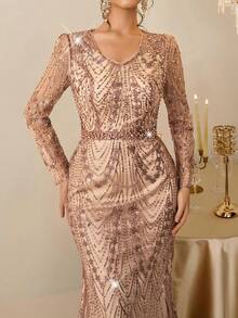 Coutiva Elegant Gorgeous Sequin Embroidery Long Sleeve Champagne Faux Pearl Rhinestone Design Autumn And Winter Dress Design Daily Wear, Party Dress, Dinner Dress, Wedding Guest Dress Luxury Evening Gown, Sequin And Pearl Cuff Design, Elegant Party Dress For Ladies, Long Sleeve Formal Dress, For Wedding Guest, Graduation, Valentine's Day - Champagne - View 6