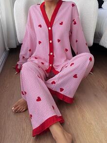 SHEIN Women's Pink Striped Heart Patchwork Top & Pants Pajama Set, Winter Clothes - Multicolor - View 3