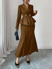 Modelyn Conjunto de blazer con volantes en el bajo y falda con bajo de cola de pez, elegante para el trabajo, otoño - Café integral - Ver 3