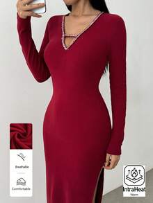 SHEIN MOOSTA 1 pieza Vestido mini ajustado de mujer con cuello en V profundo, decoración con cinta de lentejuelas de patchwork, tela elástica de punto, abertura, adecuado para uso diario y commute, sexy - Burdeos - Ver 1