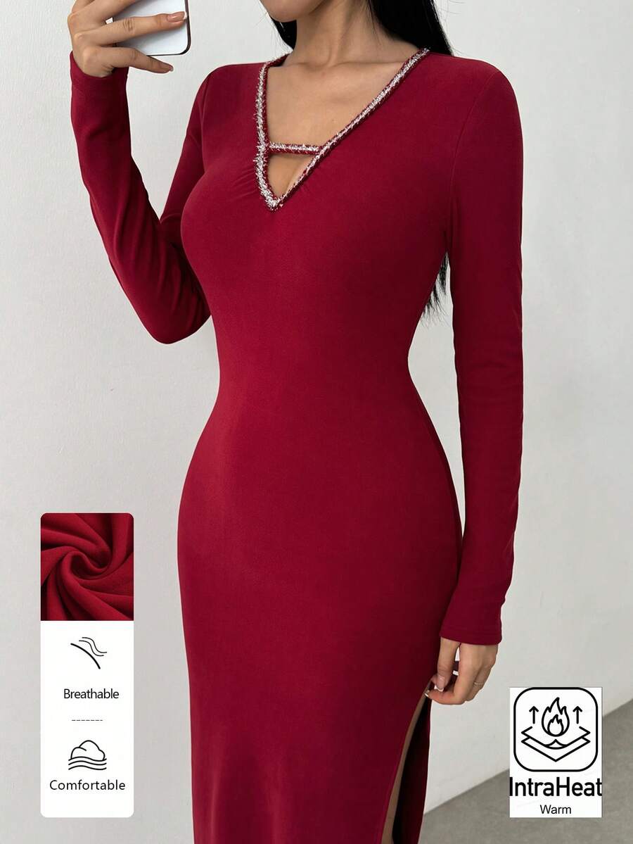 SHEIN MOOSTA 1 pieza Vestido mini ajustado de mujer con cuello en V profundo, decoración con cinta de lentejuelas de patchwork, tela elástica de punto, abertura, adecuado para uso diario y commute, sexy - Burdeos - Ver 1