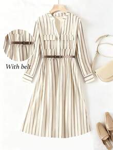 Franclia Women's Casual Vacation Striped Long-Sleeved Pocket Long Commuting A-Line Dress Fall Clothes For Women Slim Dress Autumn Women's Casual Dress - Apricot - View 1