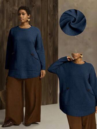 Linhara 1件女士加大码纯色圆领落肩长袖双口袋纽扣装饰舒适休闲套头毛衣